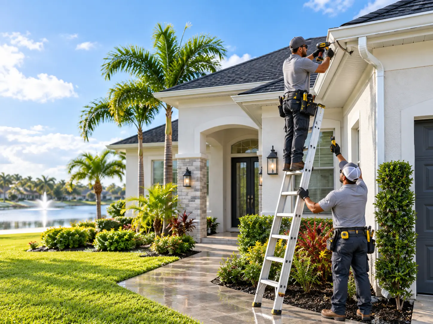 Installer fastening a seamless gutter along a roofline