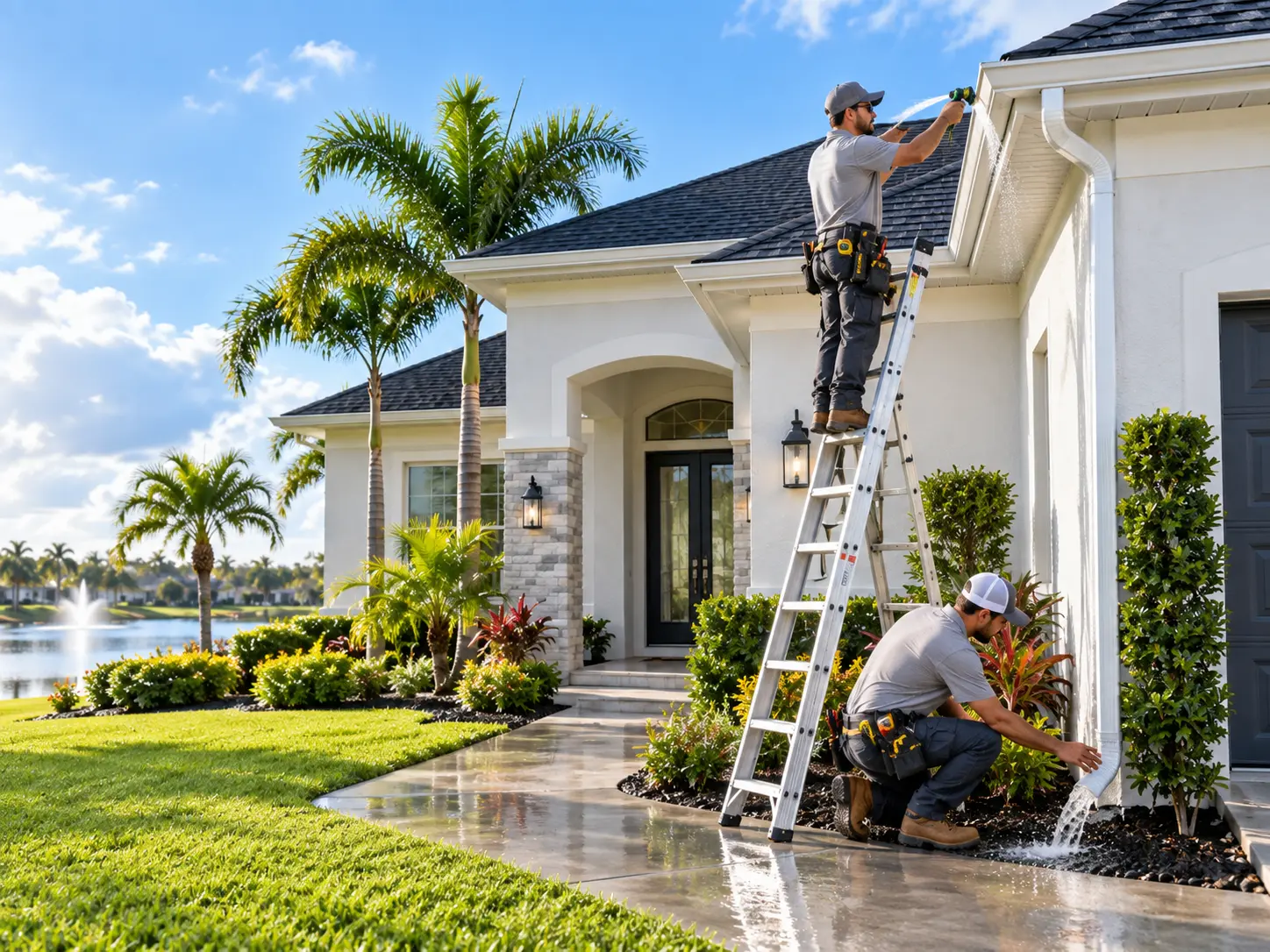 Testing gutter and downspout water flow after installation